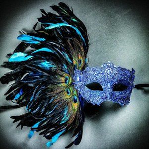 Blue MardiGras Peacock Feather Carnival Masquerade